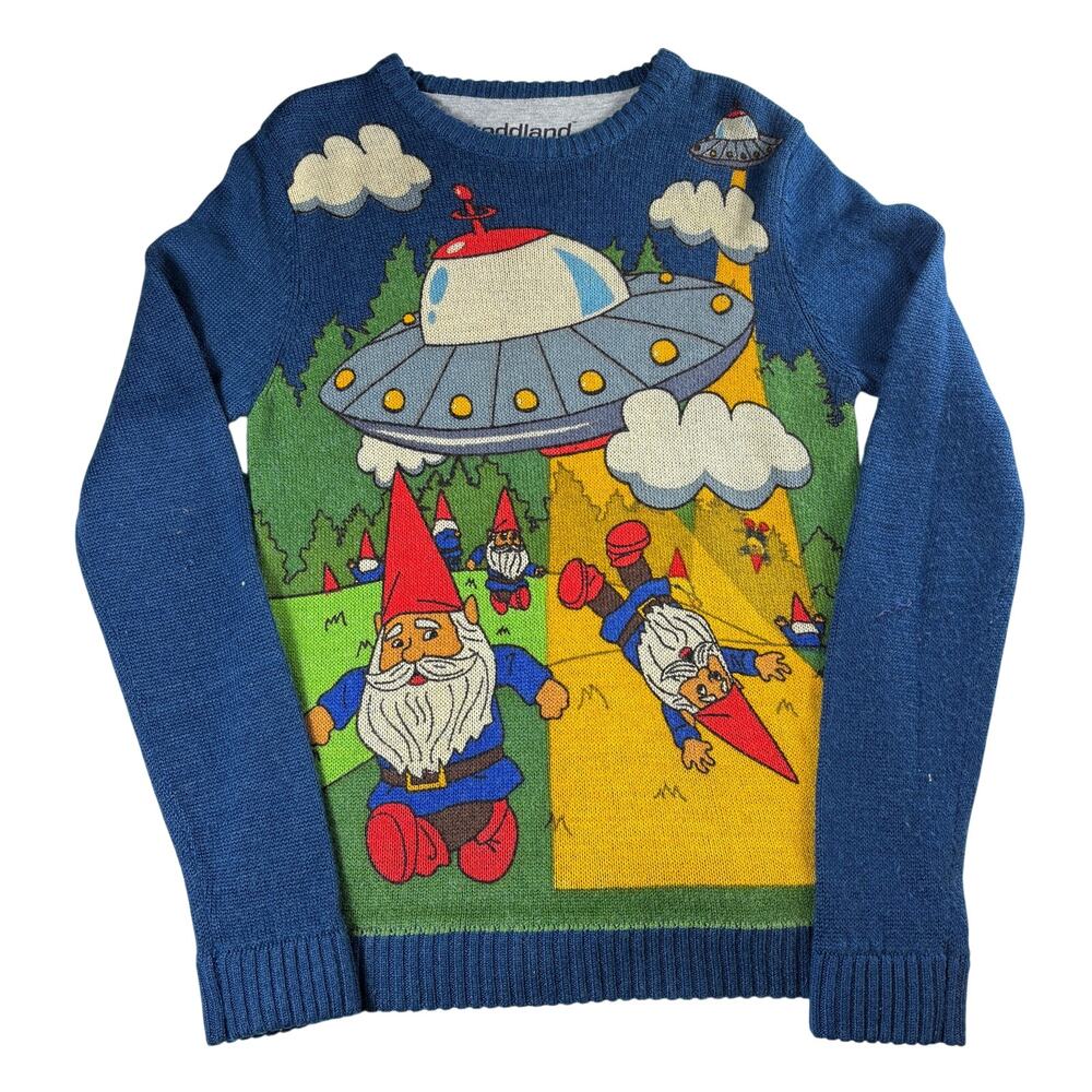Toddland Sweater Small Gnome Place Like Home Blue Aliens UFO Wool Blend Pop Art